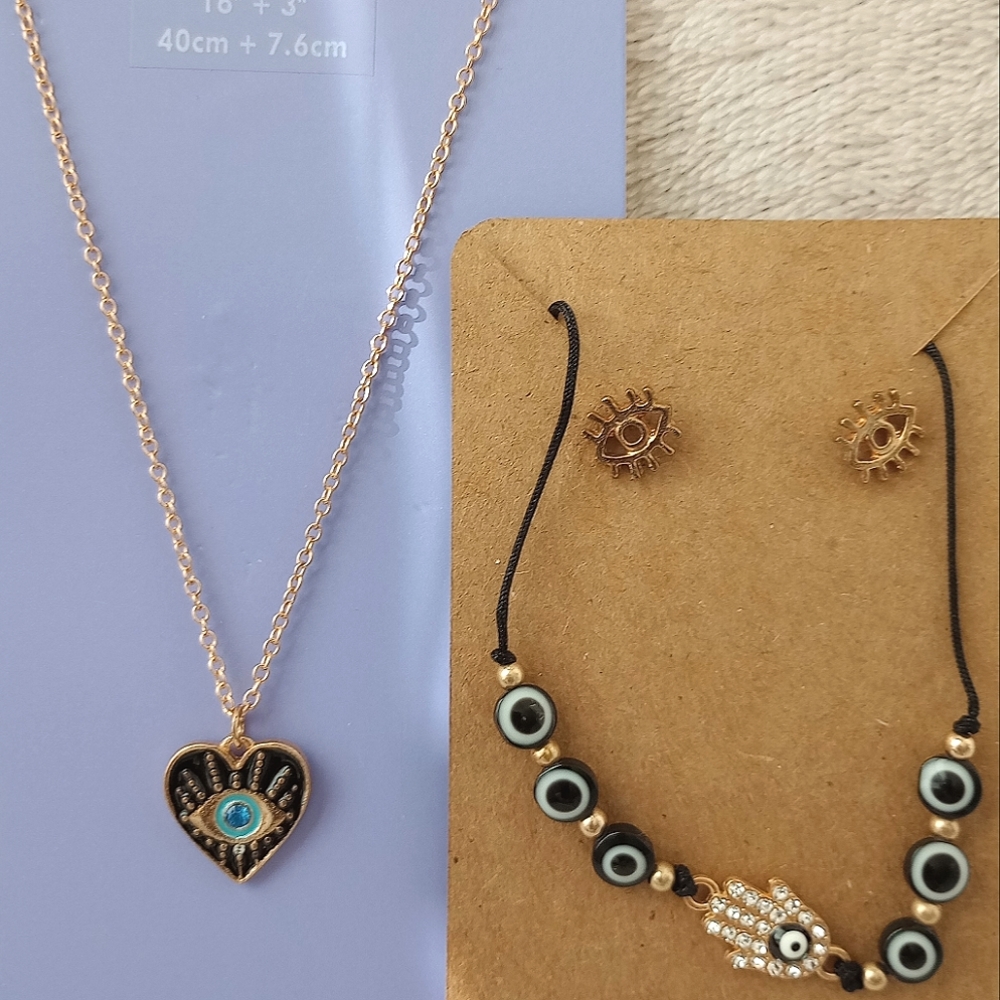 Evil eye necklace, earrings, bracelet, mini pouch